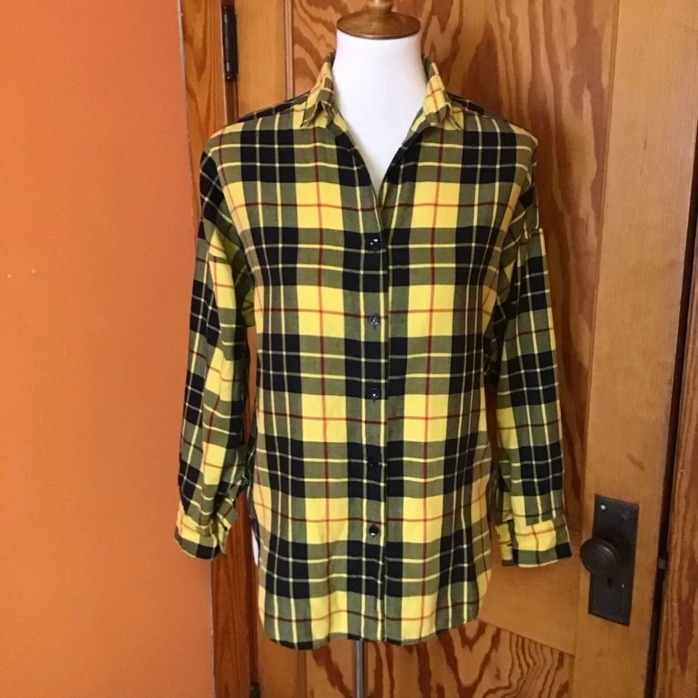 Vintage 90s Yellow Plaid Flannel Shirt Colors by Brooks Soft Grunge Preppy - Picture 8 of 11